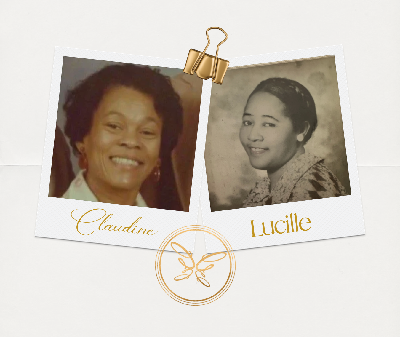 Two vintage-style portraits of women with names 'Claudine' and 'Lucille' displayed on a white background.